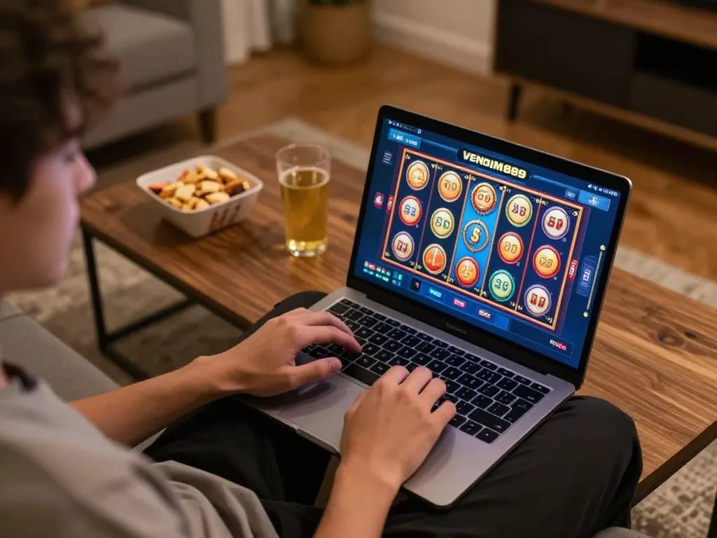 Engaging with VENOM889 Slot on a laptop for an interactive online gaming experience at home