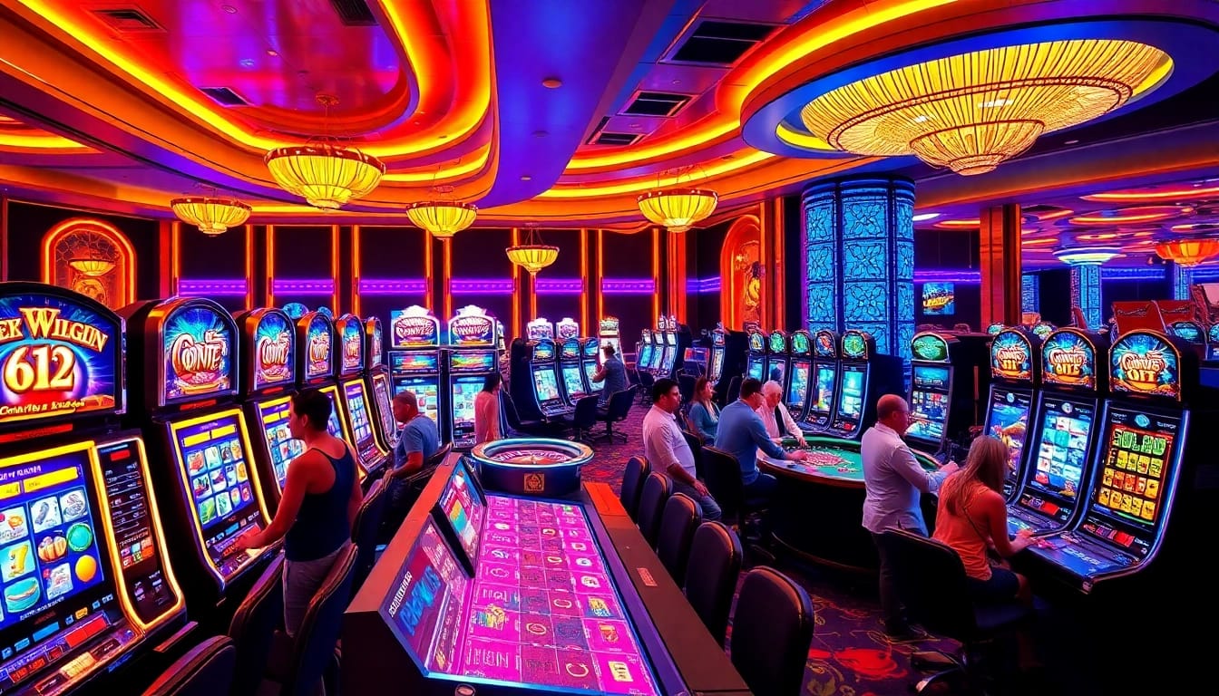 Experience the thrill of the onicplay login with vibrant slot machines and excited gamblers.
