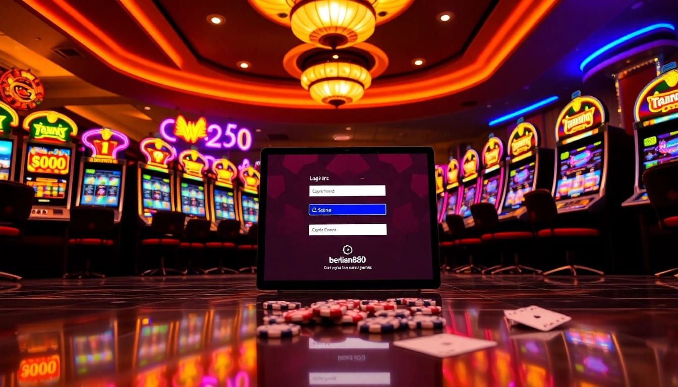 Berlian888 login interface set against a vibrant casino backdrop of slot machines and poker chips.