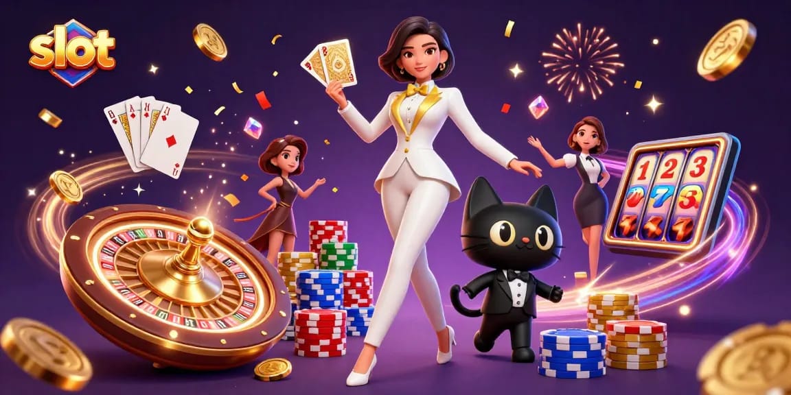Experience thrilling slot action with a glamorous woman and a tuxedoed cat amidst colorful casino elements.