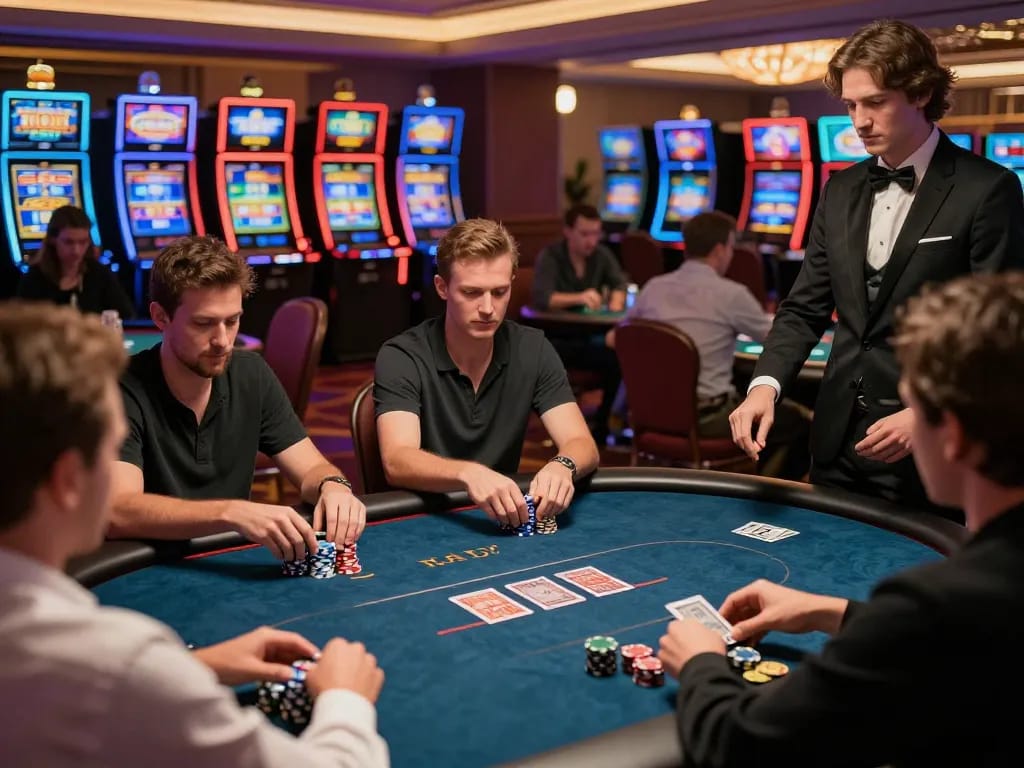 Players strategizing in a tense poker game at a luxury casino featuring tr88 atmosphere and vibrant environment.