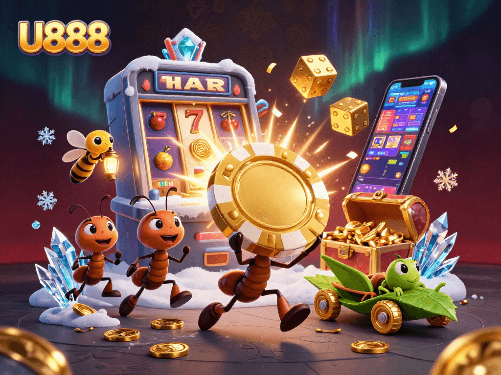 U888 team of ants executing a heist with giant poker chip amidst colorful gambling elements.