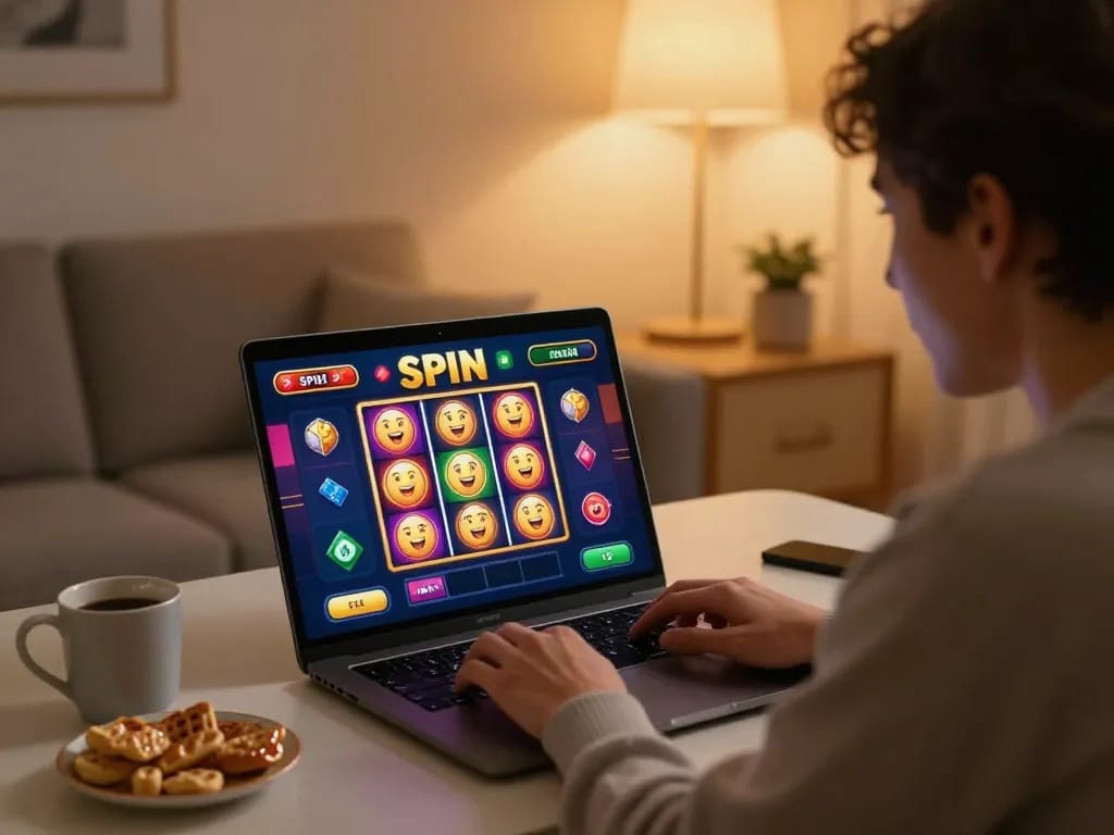Engaged player spinning Slot Online reels during exciting home casino gaming session
