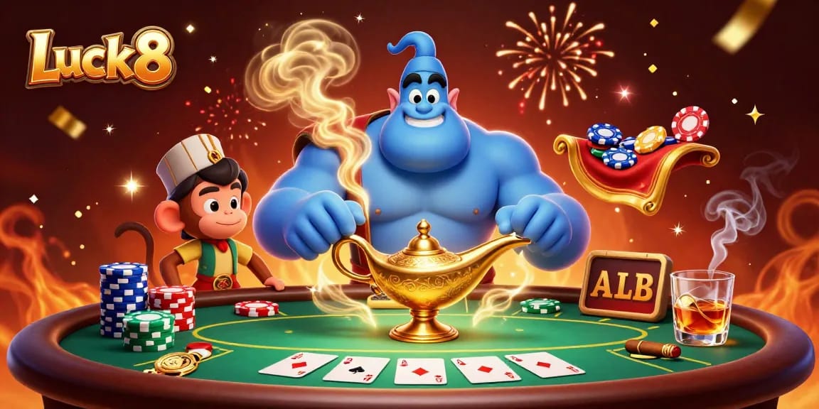 Engage with Luck8's vibrant casino action featuring whimsical characters and poker elements.