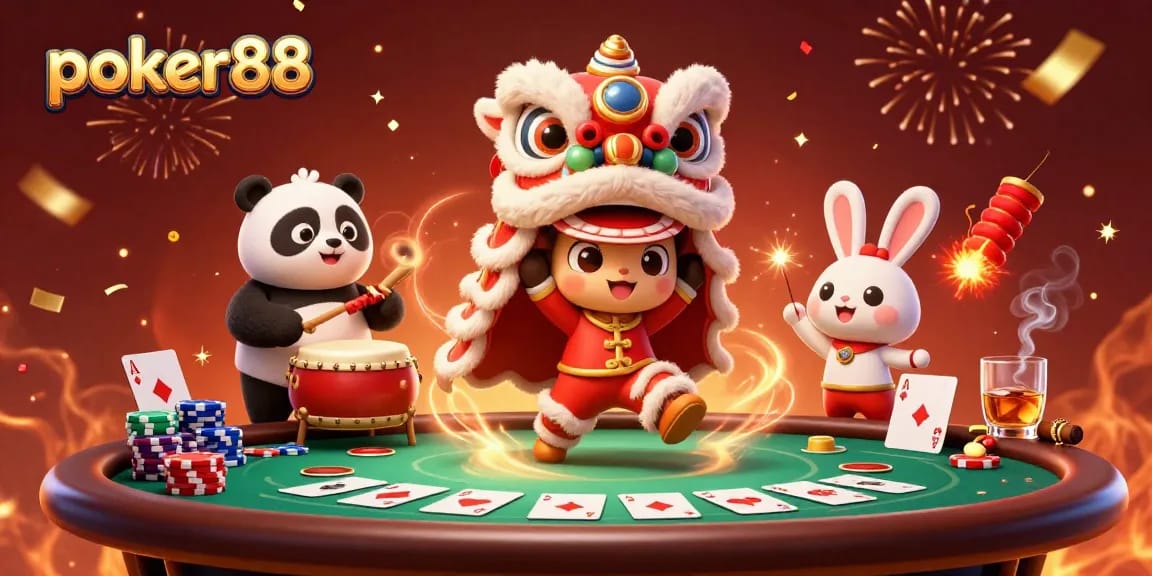 Merayakan permainan poker88 dengan karakter tarian singa, panda, dan kelinci dalam ilustrasi 3D yang meriah.