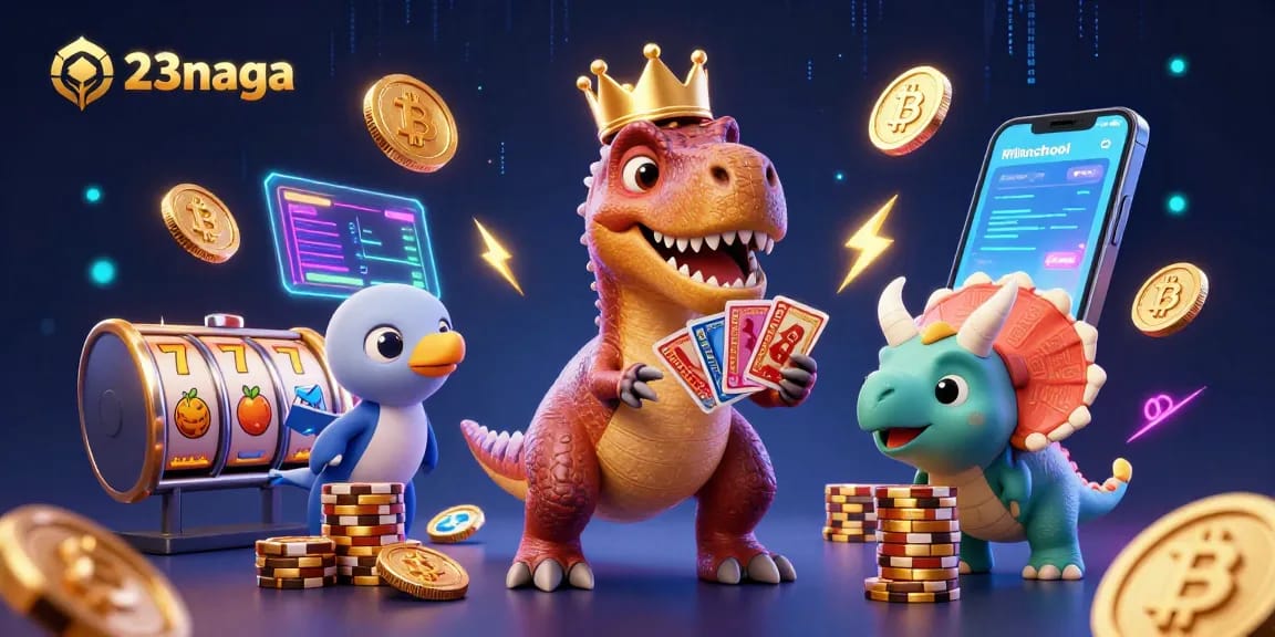 Gambarlah aktivitas mengambil keputusan di 23naga dengan dino lucu dan karakter menumpuk chip emas.