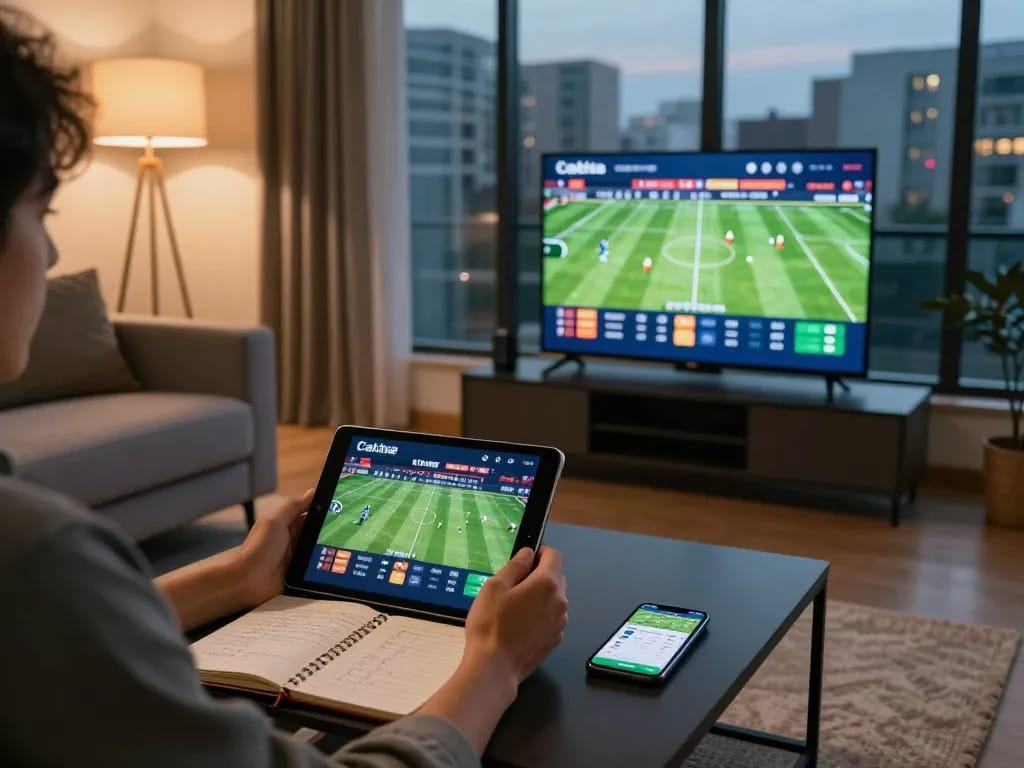 Cakhia TV user engaging in live sports betting from a cozy home setup, tablet showing latest odds, strategic planning atmosphere.