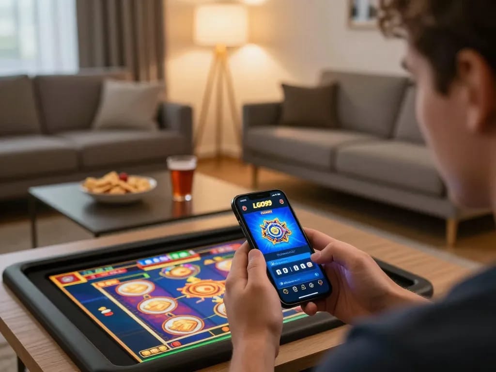 Pemain LGO99 terlibat dalam permainan slot seluler, menunjukkan kegembiraan dan strategi permainan online.