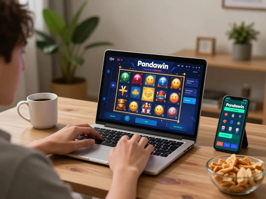 Menggunakan permainan slot Pandawin di laptop dalam pengaturan rumah yang nyaman, menampilkan perjudian online strategis