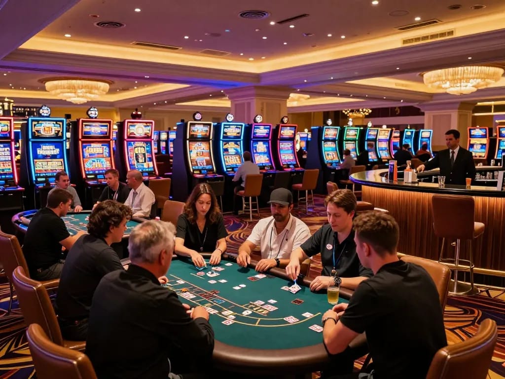 Players enjoying their experience at lc88, vibrant casino environment with engaging slot machines