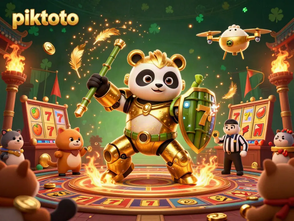 Piktoto engages players with an exciting 3D dynamic scene of a golden panda battling in a lively casino arena.