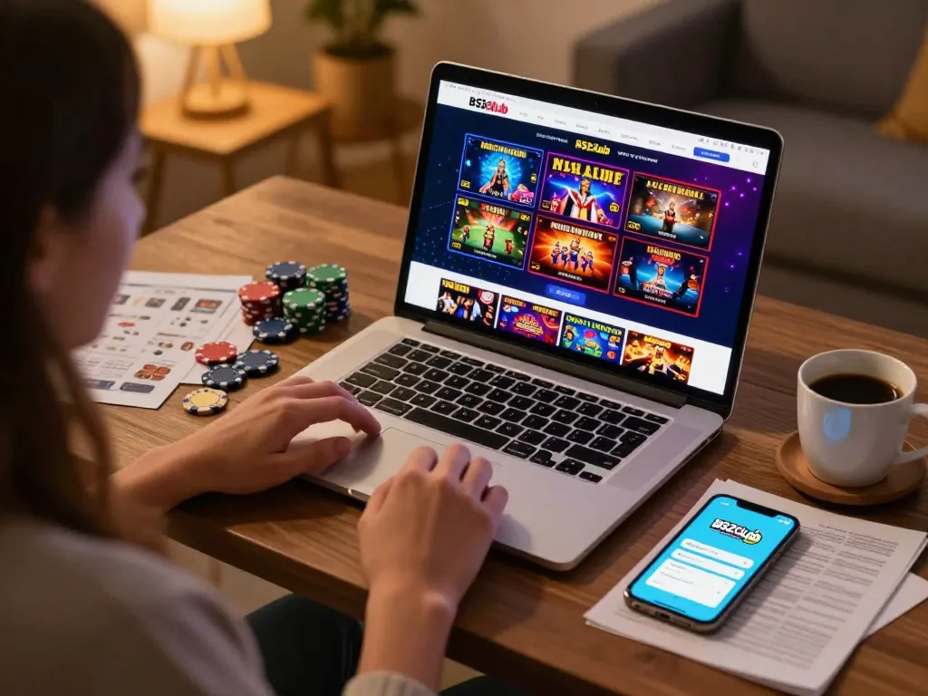 B52club user enjoying online casino games on a laptop in a cozy home setting.