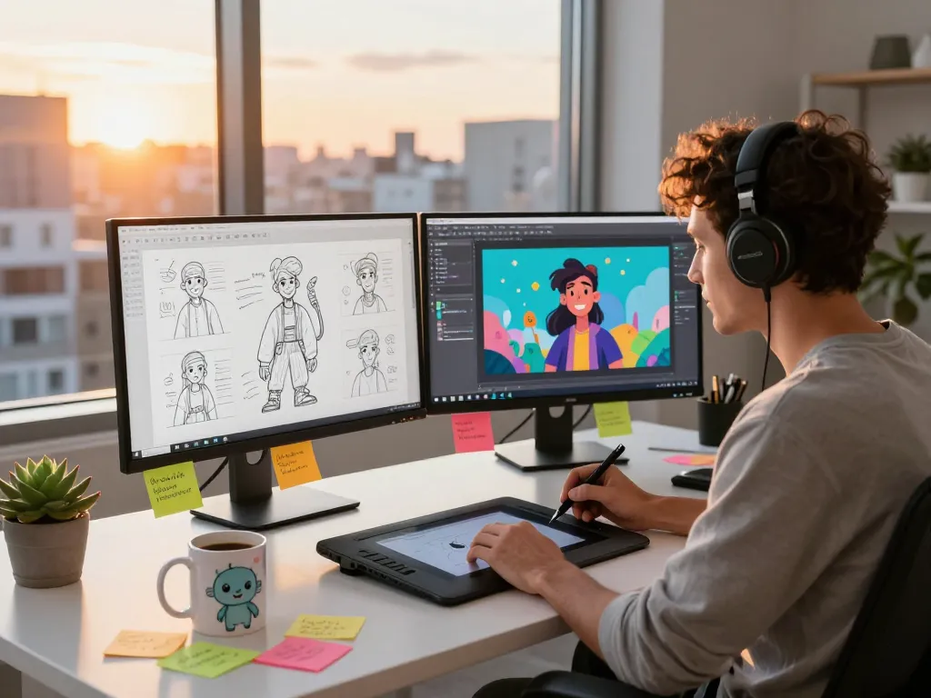 Character design workspace for crushon ia with digital artist creating AI characters.