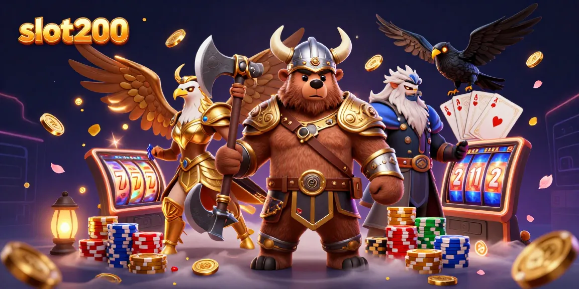 Slot200 menampilkan beruang Viking kartun 3D yang bersenjatakan palu pertempuran dan elang Valkyrie berarmor emas di dunia slot online.