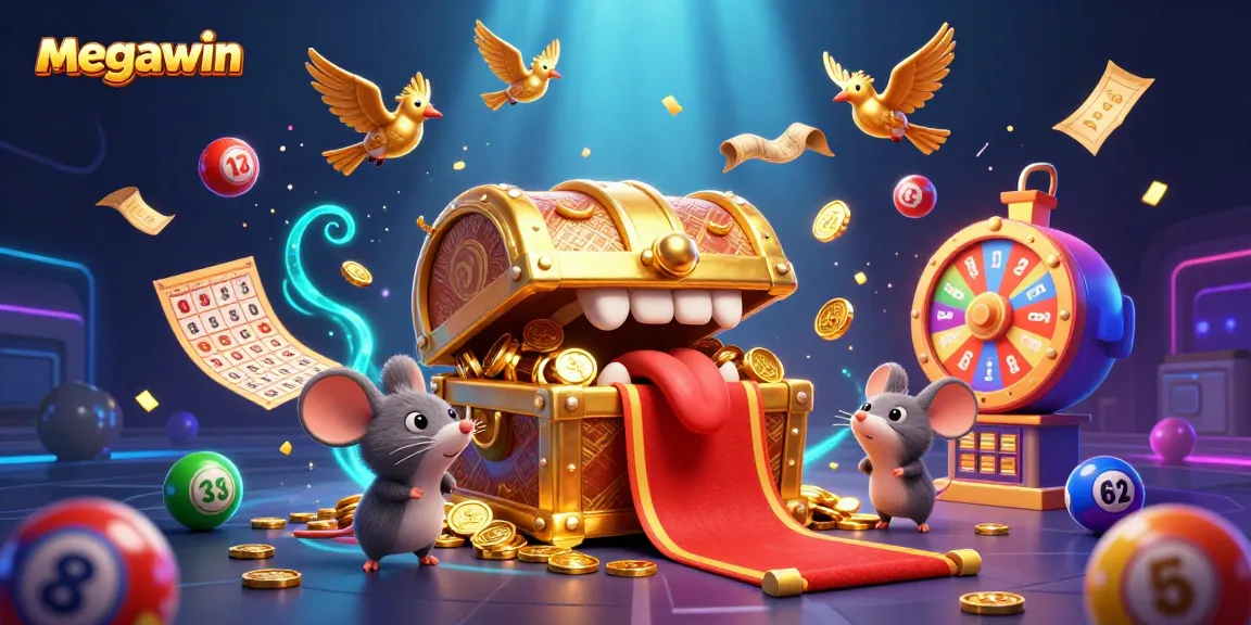 Menghadapi megawin dengan mesin slot penuh harta emas yang menarik, dikelilingi bola lotere warna-warni.