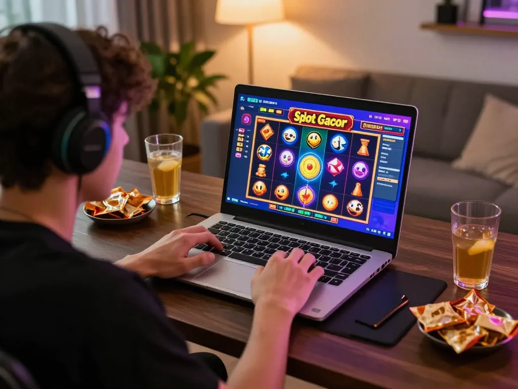 Engaging Slot Gacor gameplay on a laptop in a cozy home setup promoting online gambling excitement