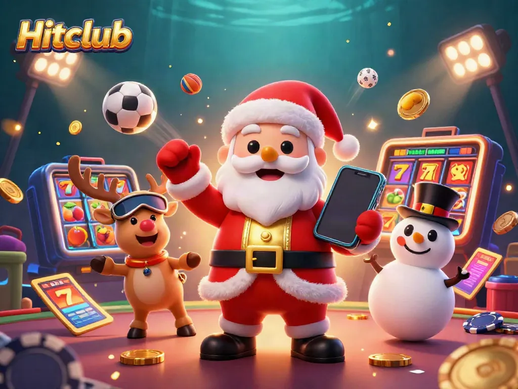 Experience winning at Hitclub with Santa and friends surrounded by casino games and jackpots.