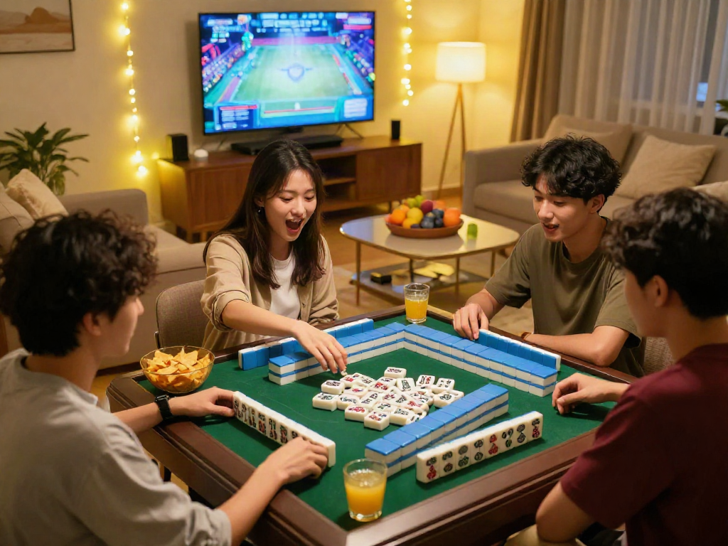 Friends playing MahjongJP88 dengan deposit QRIS in a cozy living room with vibrant tiles and snacks.