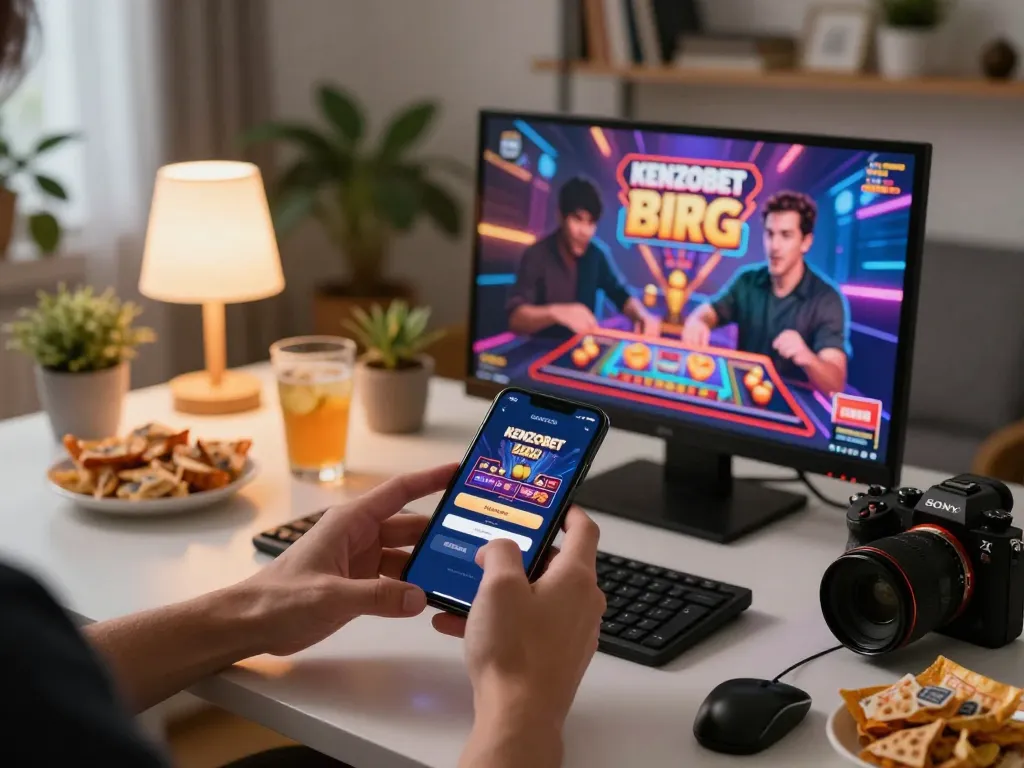 Engaging player accessing KENZOBET login on smartphone in a cozy gaming setup, showcasing online gambling excitement.