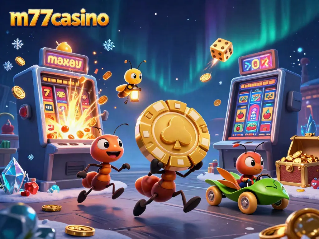 Geng semut 3D menyalakan heist dengan chip poker raksasa di m77casino, penuh elemen kasino.
