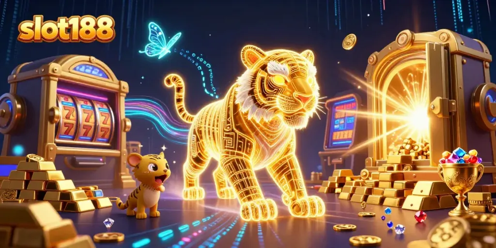 Permainan slot188 di dunia kasino digital dengan harimau emas dan efek cahaya berkilauan.