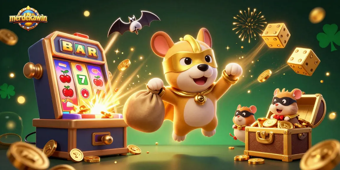 Mendapatkan jackpot merdekawin dengan superhero anjing dan hamster dalam ilustrasi kasino yang dinamis.