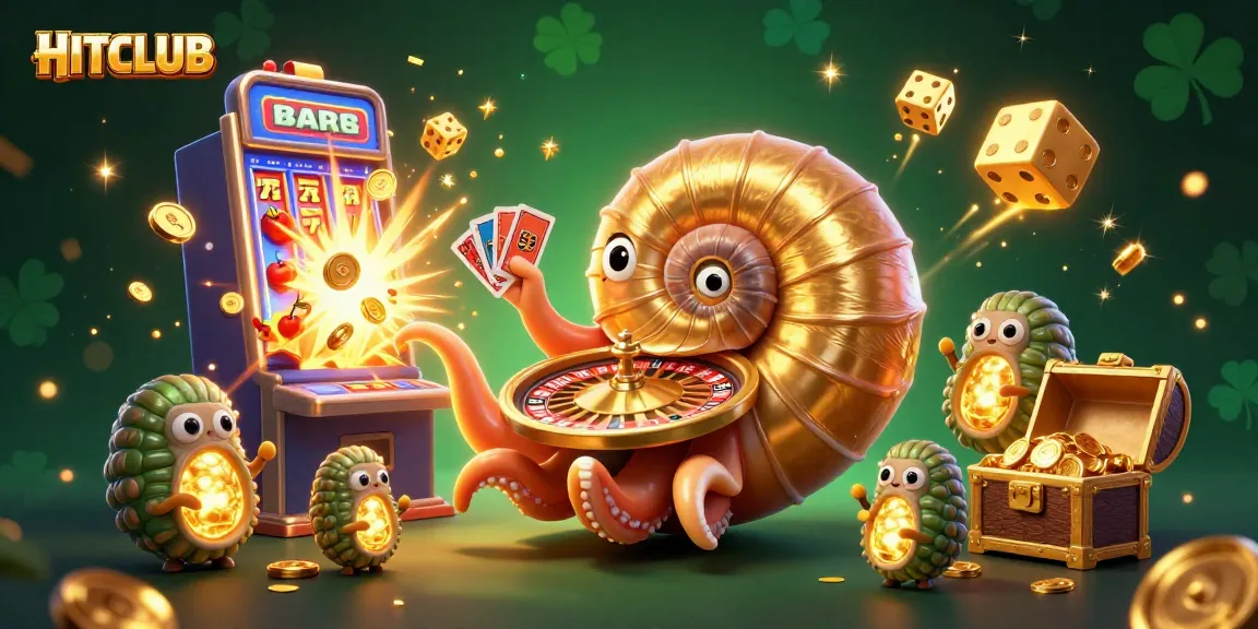 HITCLUB features a vibrant casino scene with an ancient nautilus holding cards amidst swirling slot symbols and gold.