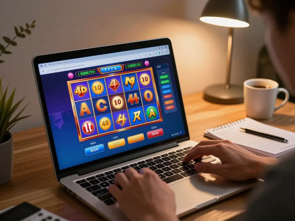 Engaging in toto slot 4d gameplay on laptop in a cozy home office setting.