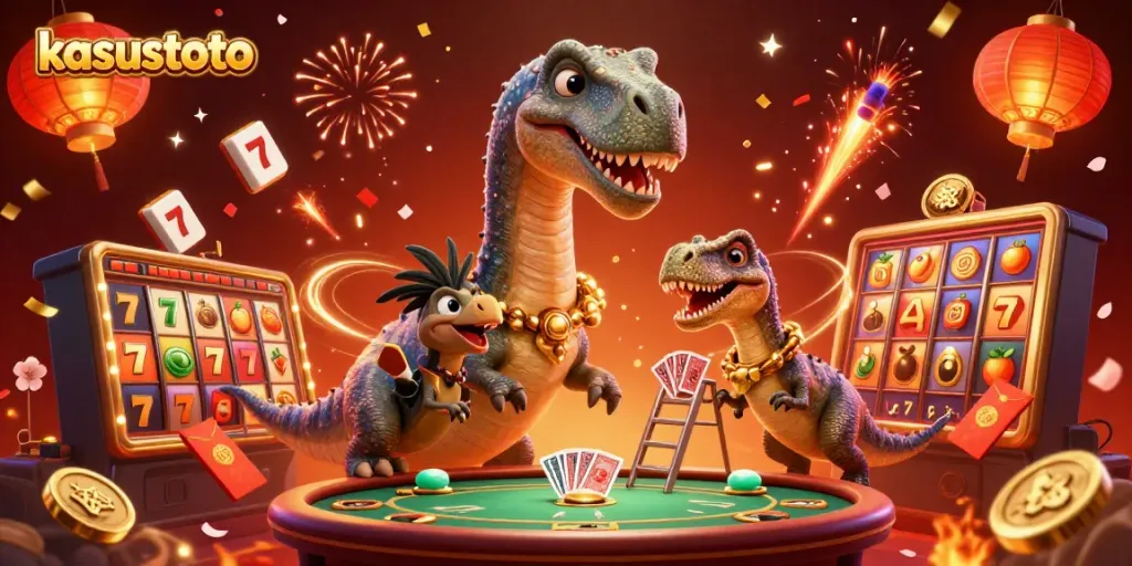 Permainan slot menarik di kasustoto ditampilkan dengan dinosaurus raksasa dan raptor cerdas.