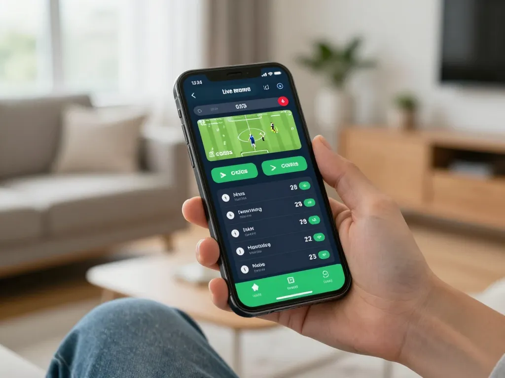 Betting on jangkar55 app live odds during an exciting match in a cozy home environment.