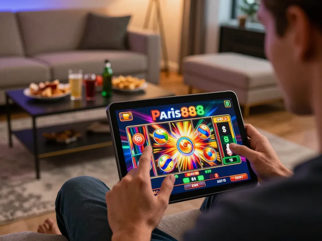 Play slots and win big with Paris888 on a tablet in a cozy home gaming setup