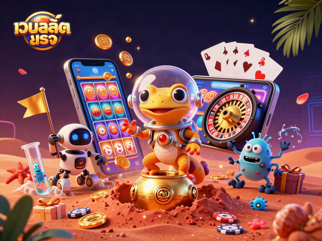 Experience the thrill of เว็บสล็อตตรง as a Martian gecko discovers a golden casino with festive gaming elements.