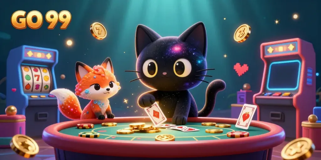 Engage in dynamic gaming experiences with GO 99 at a cosmic casino table, featuring a black hole cat and colorful elements.
