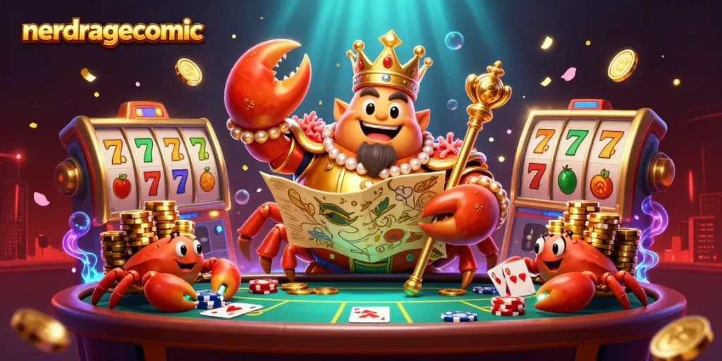 Menelusuri nerdragecomic dengan kartu poker dan simbol slot, menciptakan suasana kasino yang seru.