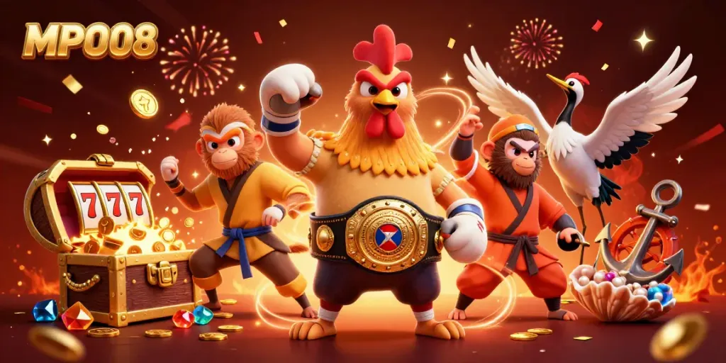 Experience thrilling games on MPO08 with dynamic casino characters and vibrant backgrounds.