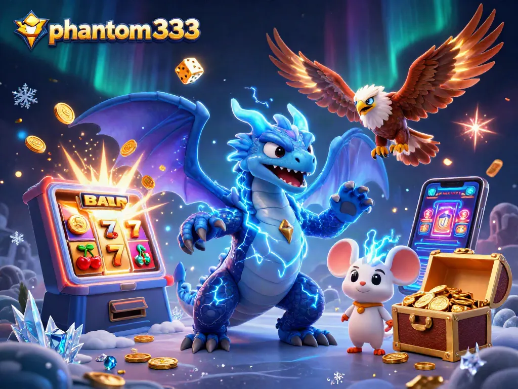 Explore thrilling gaming action with phantom333 and electrifying casino elements, featuring a dragon and hawk.