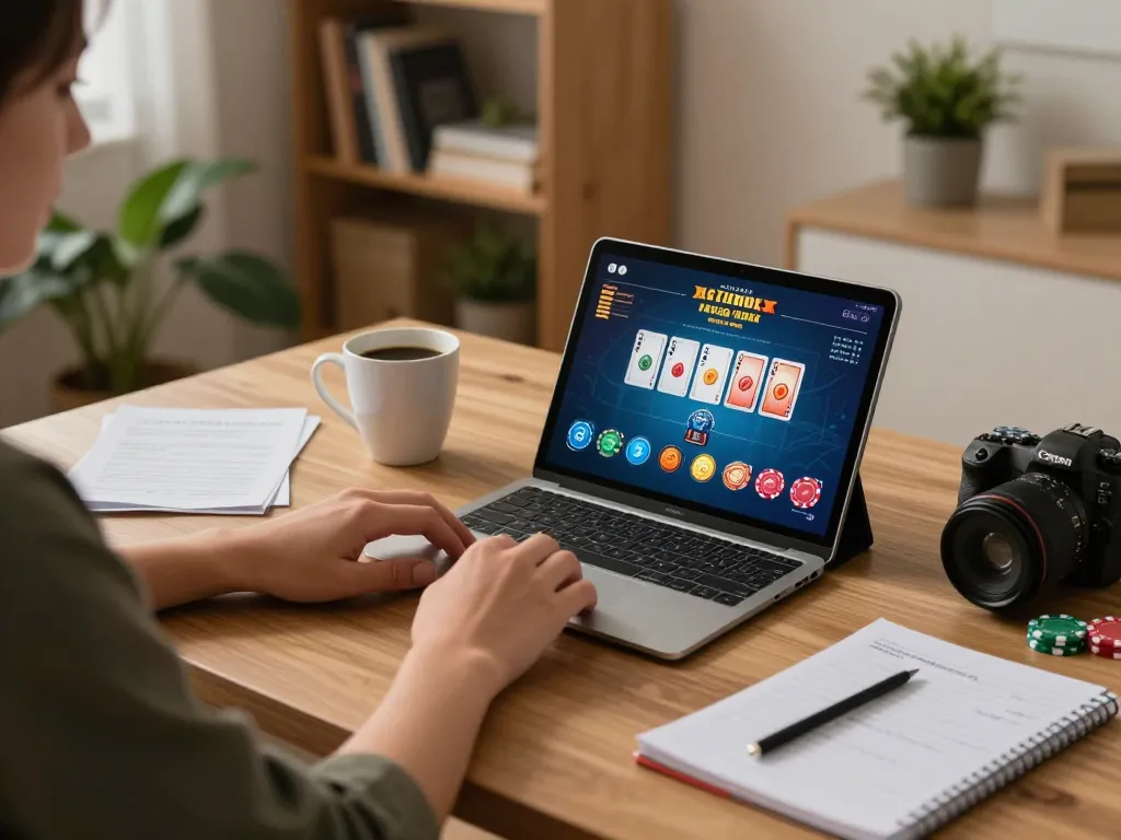 Engaging in online casino games with jangkar55 on a tablet in a cozy home office