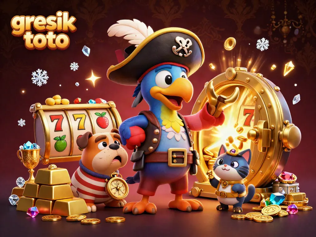 Engage with game adventures at Gresik Toto featuring a pirate captain and treasure, set in a colorful casino environment.