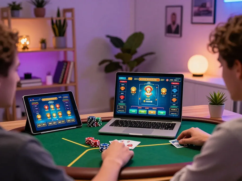 Engaging online poker gameplay on uu 88 with a modern home office setup featuring vibrant LED lights.