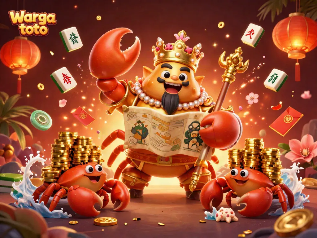 Menang di Warga toto dengan ilustrasi krab emas kerajaan dan unsur-unsur permainan yang penuh semangat.