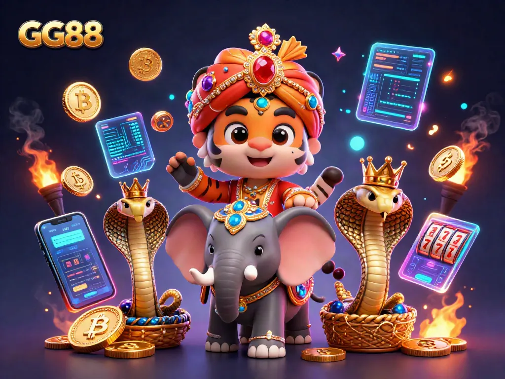 Engage with GG88's thrilling experience featuring a majestic maharaja riding an elephant amidst rich casino elements.