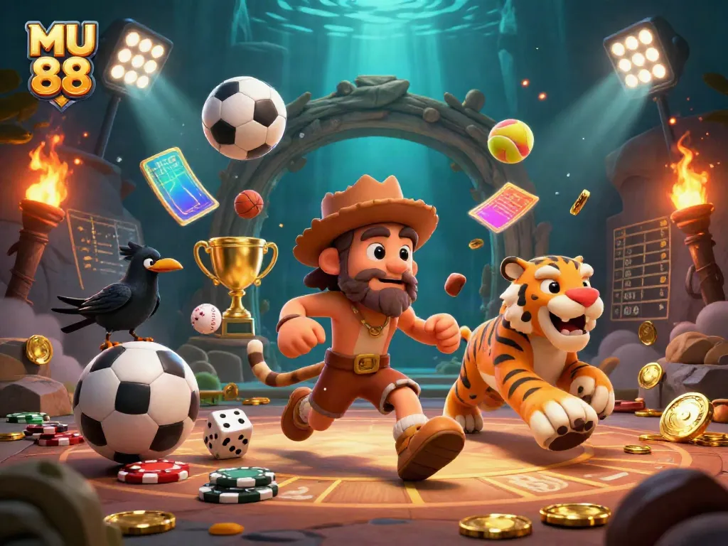 Experience MU 88’s vibrant prehistoric casino ambience filled with lively elements and engaging characters.