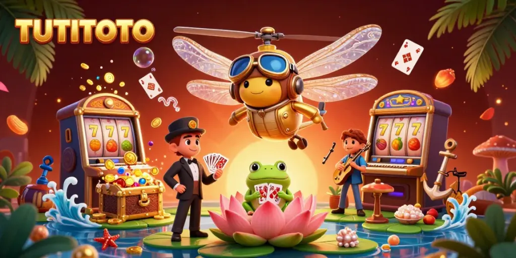 TUTITOTO showcases an elaborate scene with a dragonfly pilot above a lily pad casino, immersing players in vibrant gaming excitement.