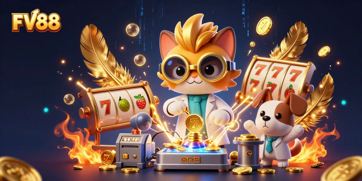 Spin to win at FV88 with this lively 3D illustration of a mad scientist cat creating coins!