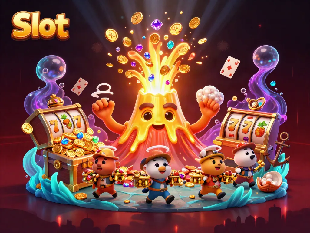 Membagikan kemenangan besar dengan Slot yang dipenuhi koin dan harta karun di ilustrasi kartun 3D yang kaya warna.