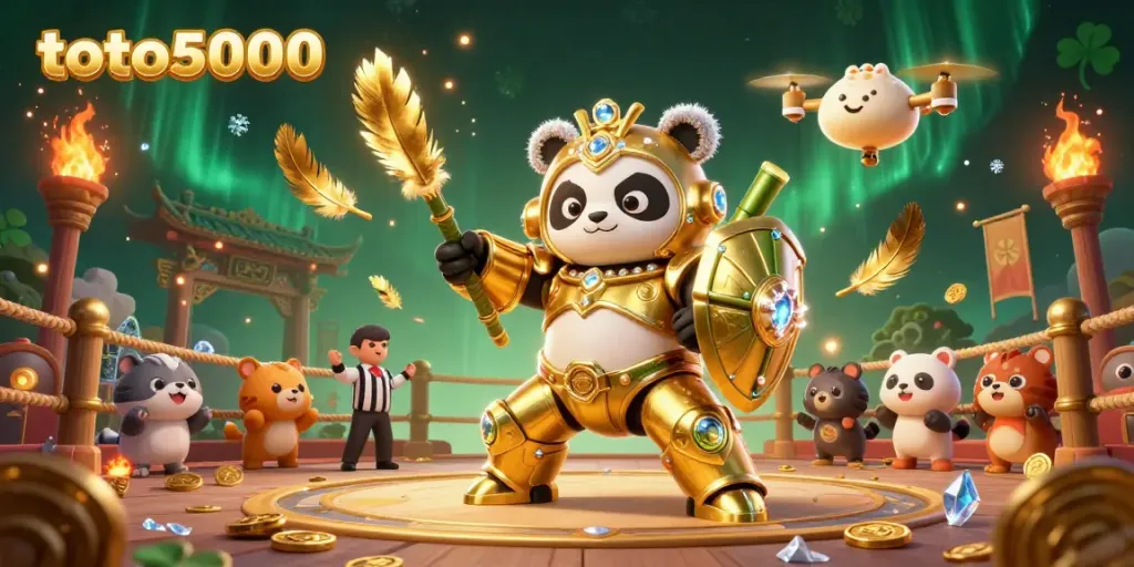 Engage with the thrilling battles at toto5000 where golden panda warriors compete in a vibrant arena.