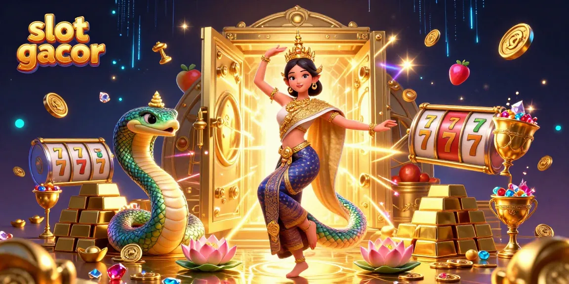 Experience gaming excitement with slot gacor featuring vibrant characters and treasures in a rich casino backdrop.