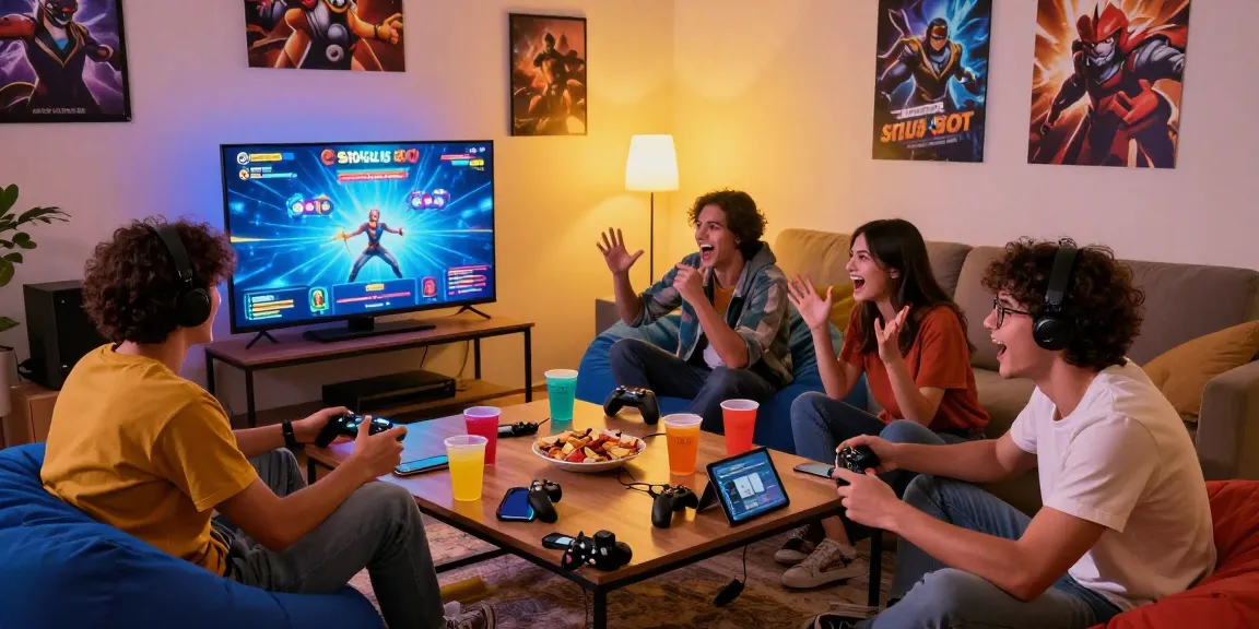 Friends enjoying situs slot gaming night with controllers and snacks in cozy setting