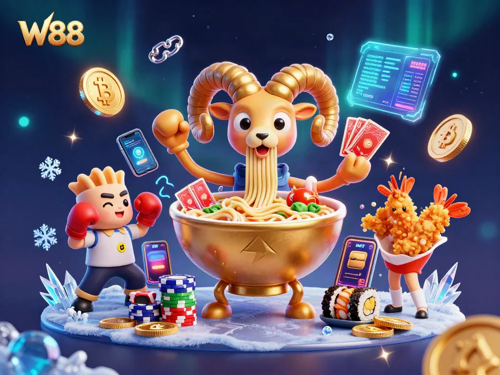W88 casino showcases vibrant characters and crypto elements in exciting gaming atmosphere