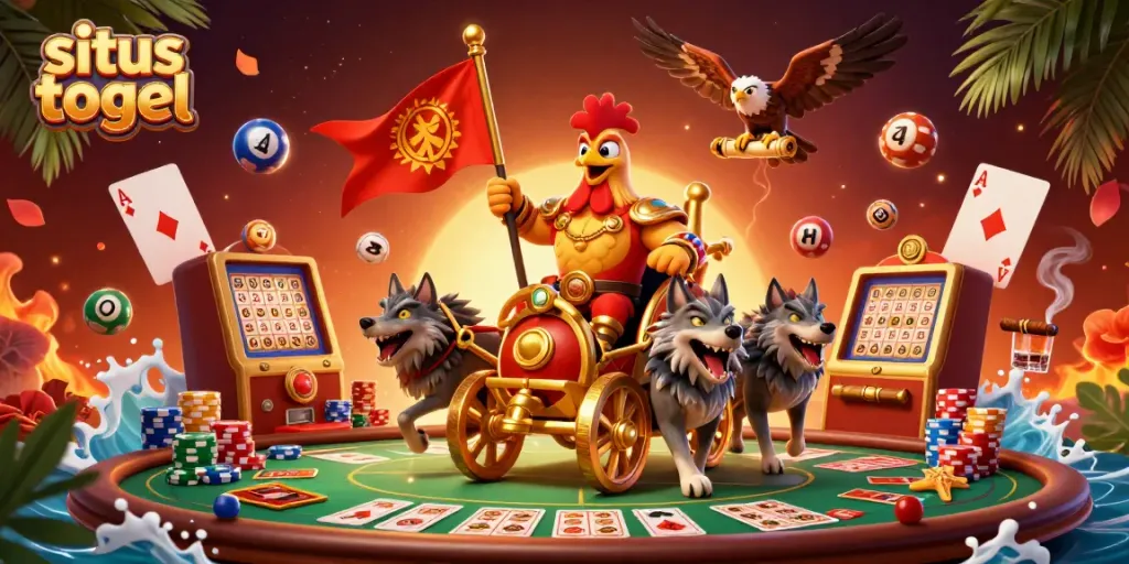Win big with situs togel in this vibrant 3D illustration featuring lottery and poker elements.